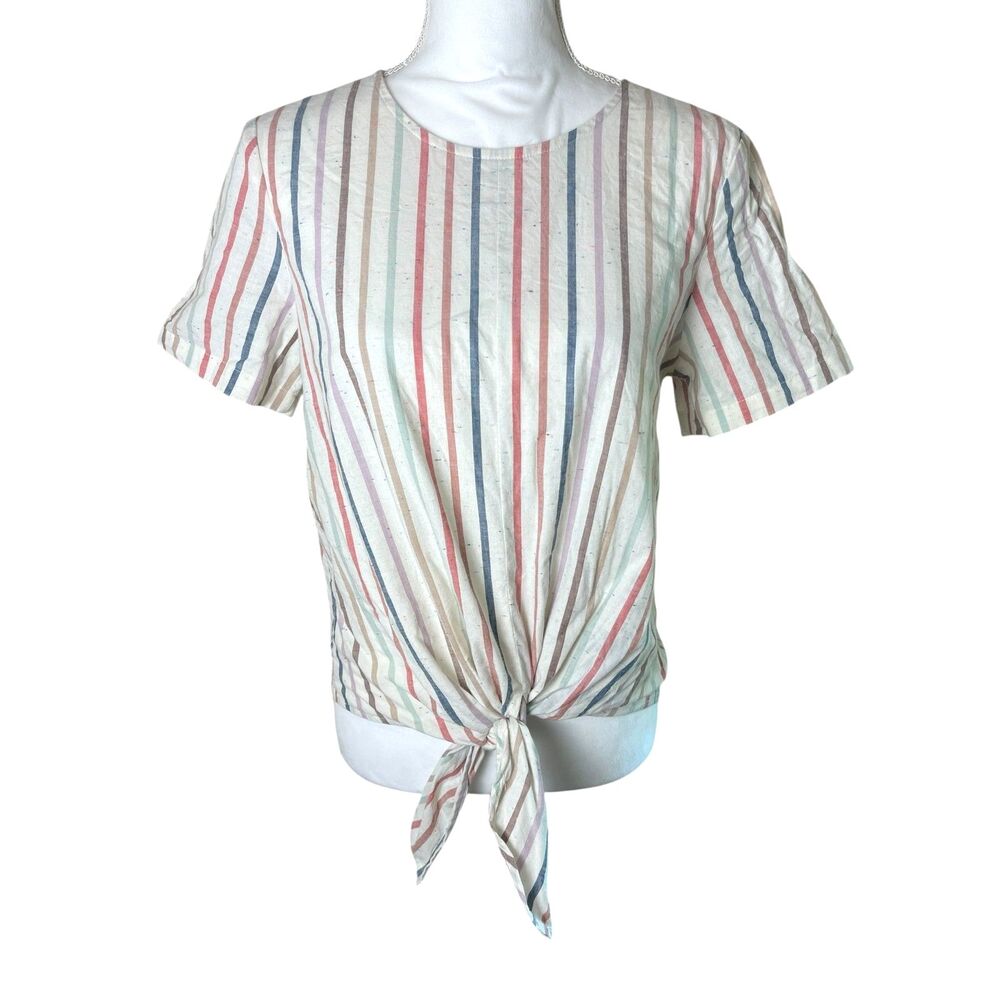 Madewell Womens Striped Pull Over Top SMALL Tie Front Buttons Coastal Casual